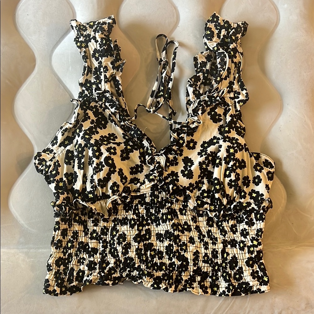 Black and Cream Smocked Crop Tank Top